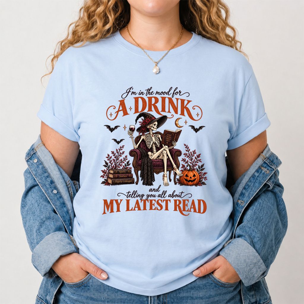 Telling You All About My Lastest Read Printed T-Shirt | Halloween Reader Gift Light Blue
