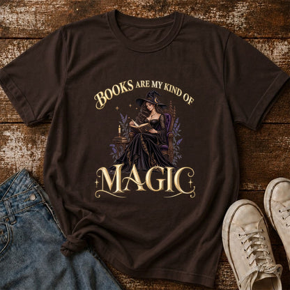 Books Are My Kind Of Magic Printed T-Shirt | Halloween Feminine Magic Reader Gift Dark Chocolate