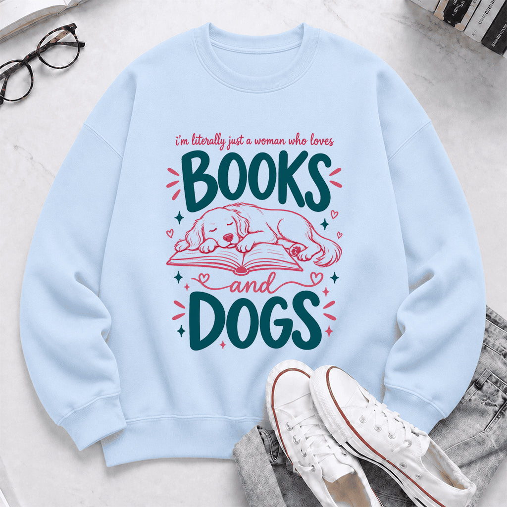 Just A Woman Who Loves Books and Dogs Crewneck Sweatshirt |  Dog Lover & Reader Gift Light Blue