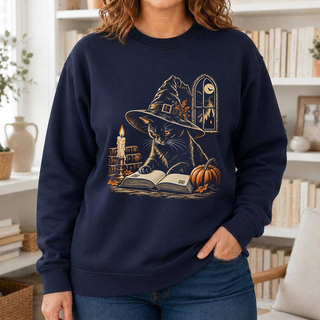 Reading Black Cat Witch Printed Sweatshirt | Halloween Book Lover Gift Navy