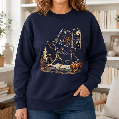 Reading Black Cat Witch Printed Sweatshirt | Halloween Book Lover Gift Navy