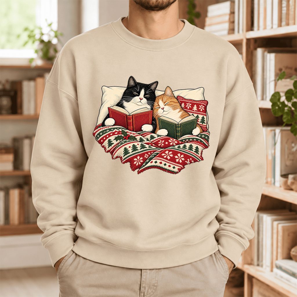 Christmas Reading Cat Couple Softstyle Sweatshirt | Cozy Christmas Gift Sand