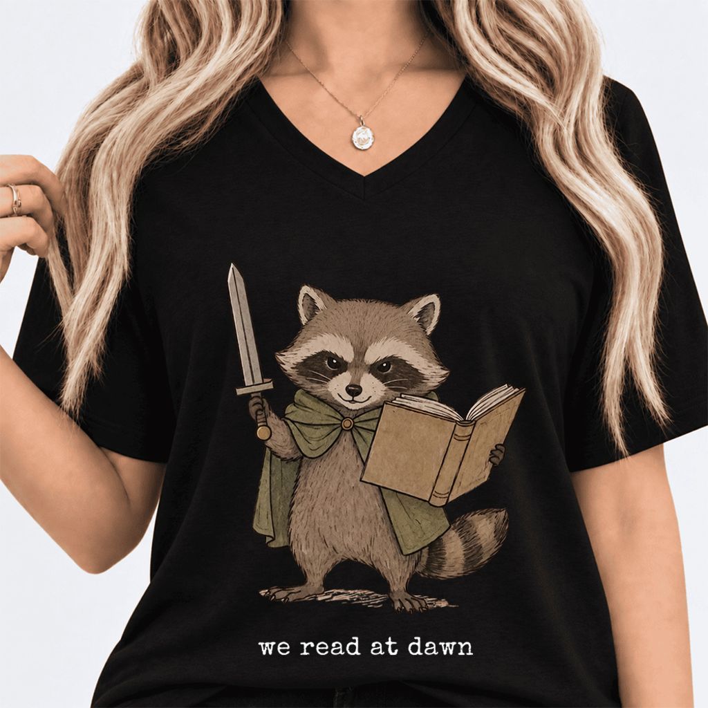 We Read At Dawn Funny Racoon Ultra-Soft V-Neck | Cozy Book Lover Gift Black
