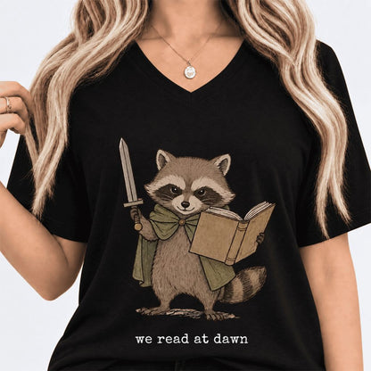 We Read At Dawn Funny Racoon Ultra-Soft V-Neck | Cozy Book Lover Gift Black