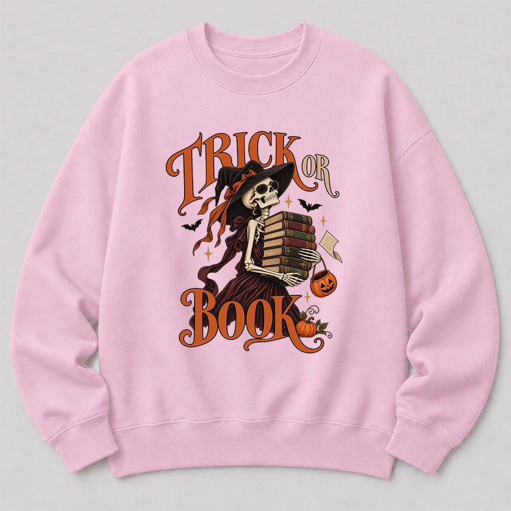 Trick Or Book Printed Sweatshirt | Halloween Book Lover Gift Light Pink