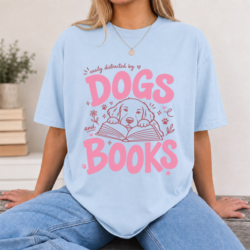 Easily Distracted by Dog and Books Cotton T-Shirt | Dogs Lover & Reader Gift Light Blue