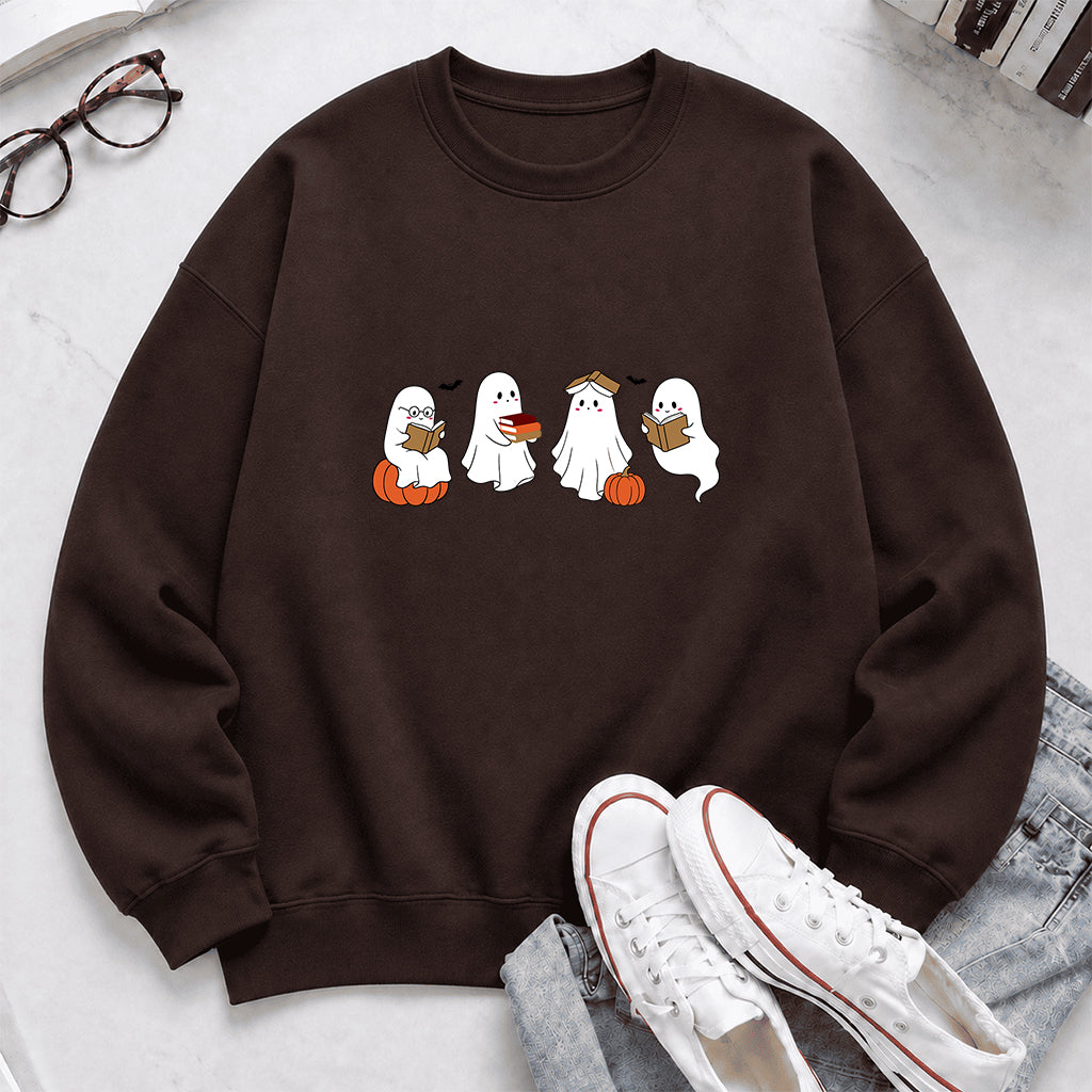 Halloween Ghosts Reading Printed Sweatshirt | Spooky Book Lover Gift Dark Chocolate