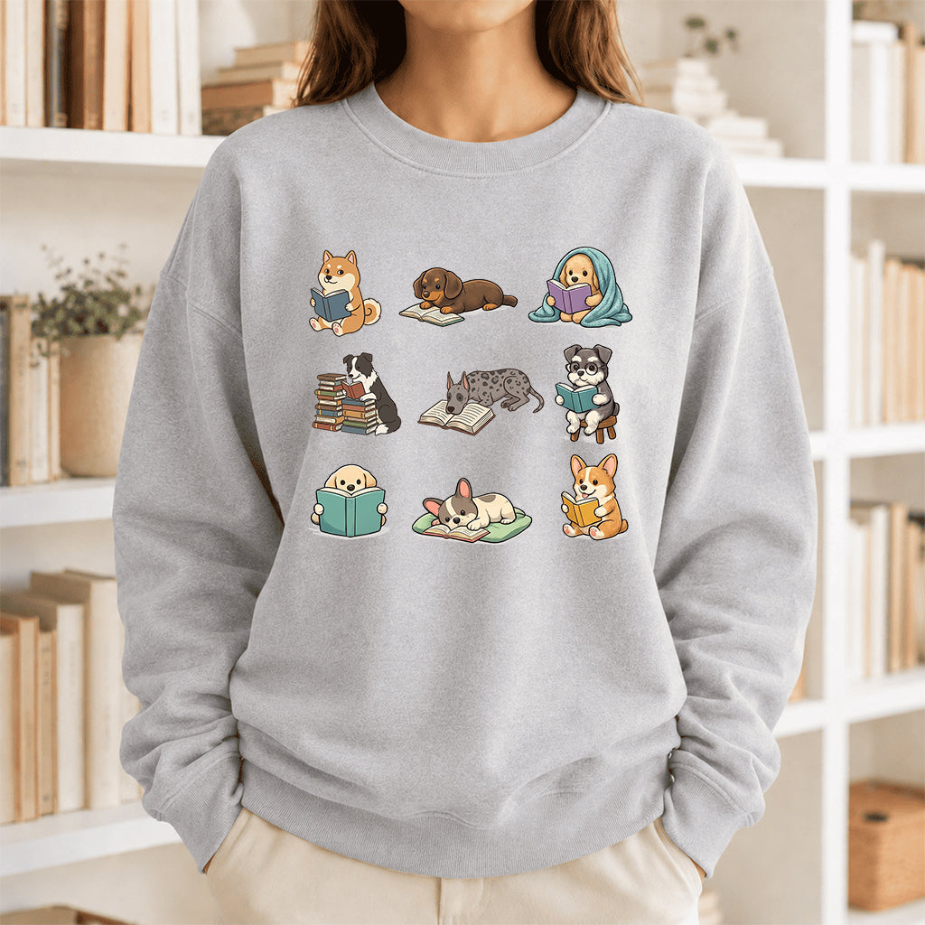Funny Dogs Reading Crewneck Sweatshirt | Reader Gift Sport Grey