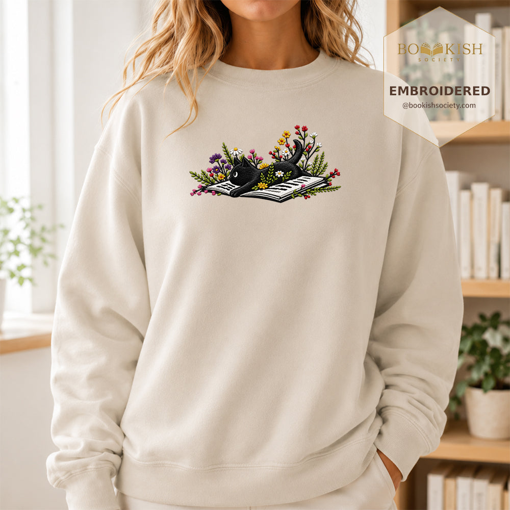 Cat and Book Embroidered Sweatshirt | Reader Gift Sand