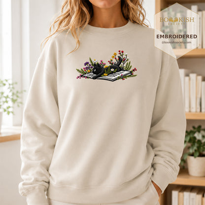 Cat and Book Embroidered Sweatshirt | Reader Gift Sand
