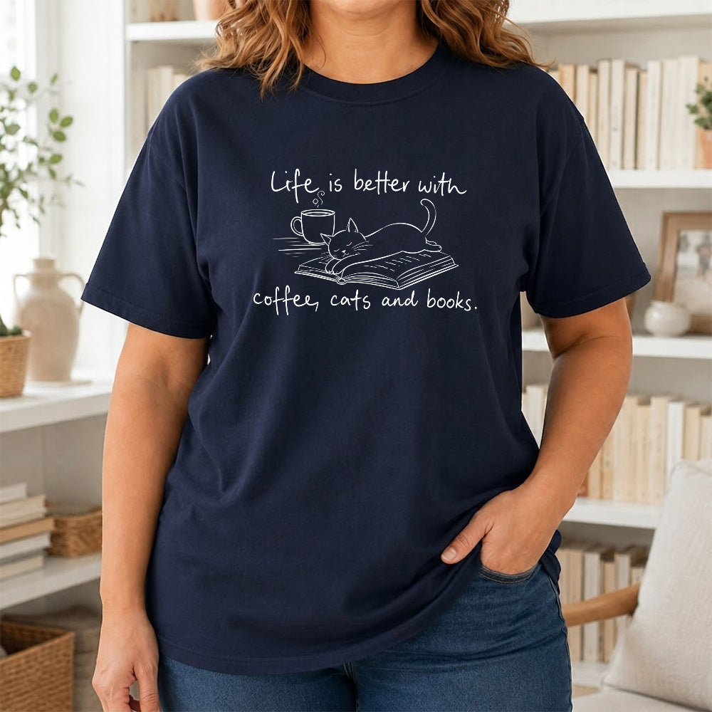 Funny Cats and Books Design Softstyle T-Shirt | Book Lover Gift Navy