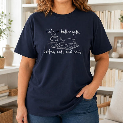 Funny Cats and Books Design Softstyle T-Shirt | Book Lover Gift Navy