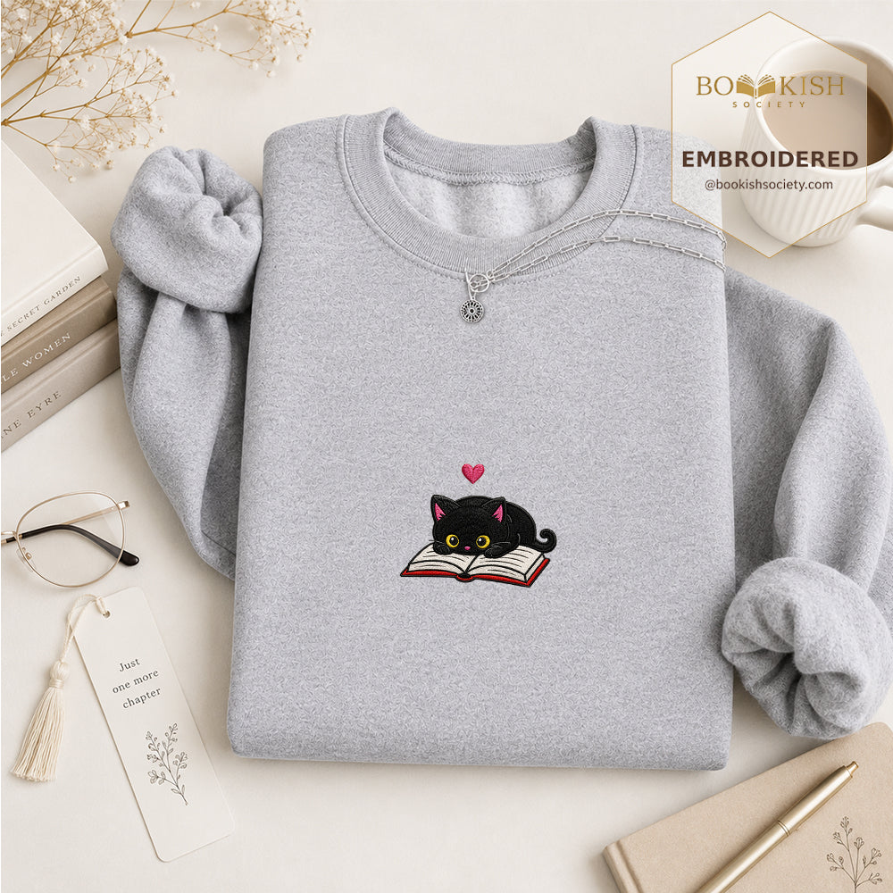Black Cat and Book Embroidered Sweatshirt | Reader Gift Sport Grey