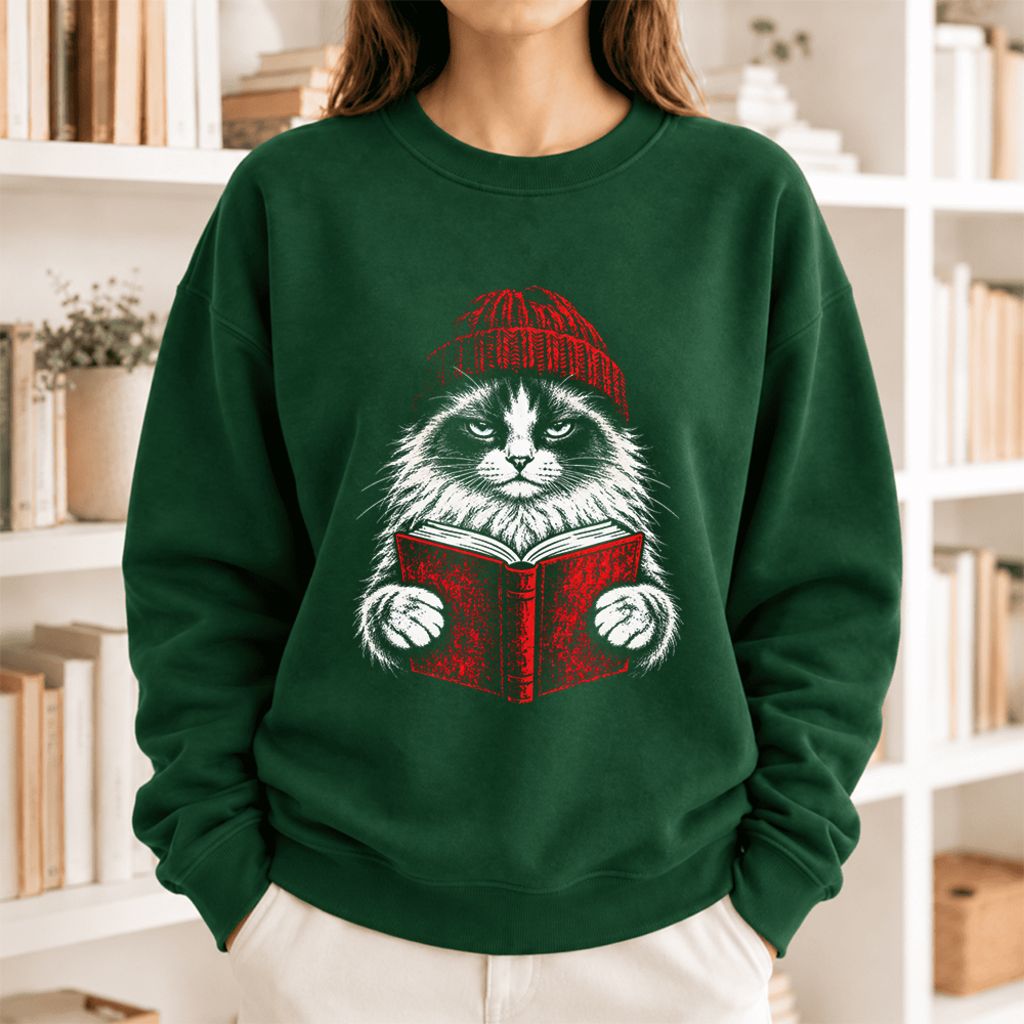 Vintage Reading Cat Ragdoll Softstyle Sweatshirt | Christmas Reader Gift Forest Green
