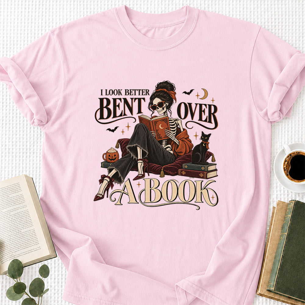 I Look Better Bent Over A Book Printed T-Shirt | Halloween Book Lover Gift Light Pink