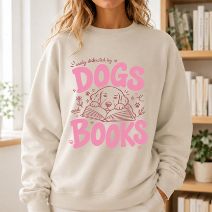 Easily Distracted By Dog And Books Crewneck Sweatshirt | Dog Lover & Reader Gift Sand