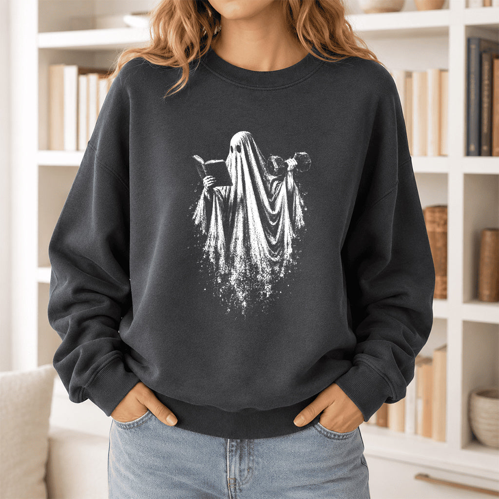 Reading Gym Ghost Printed Sweatshirt | Halloween Book Lover Gift Dark Heather