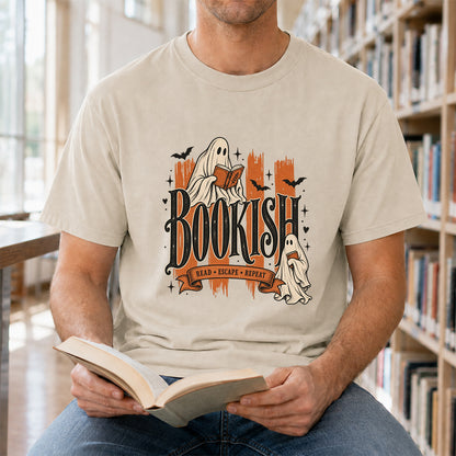 Bookish Read Escape Repeat Printed T-Shirt | Halloween Book Lover Gift Sand
