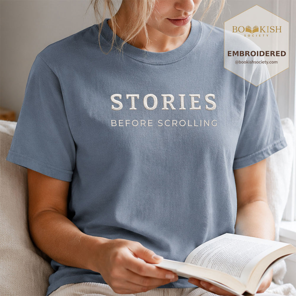 Embroidered Stories Before Scrolling Comfort Color® T-shirt Book Lover Gift Blue Jean
