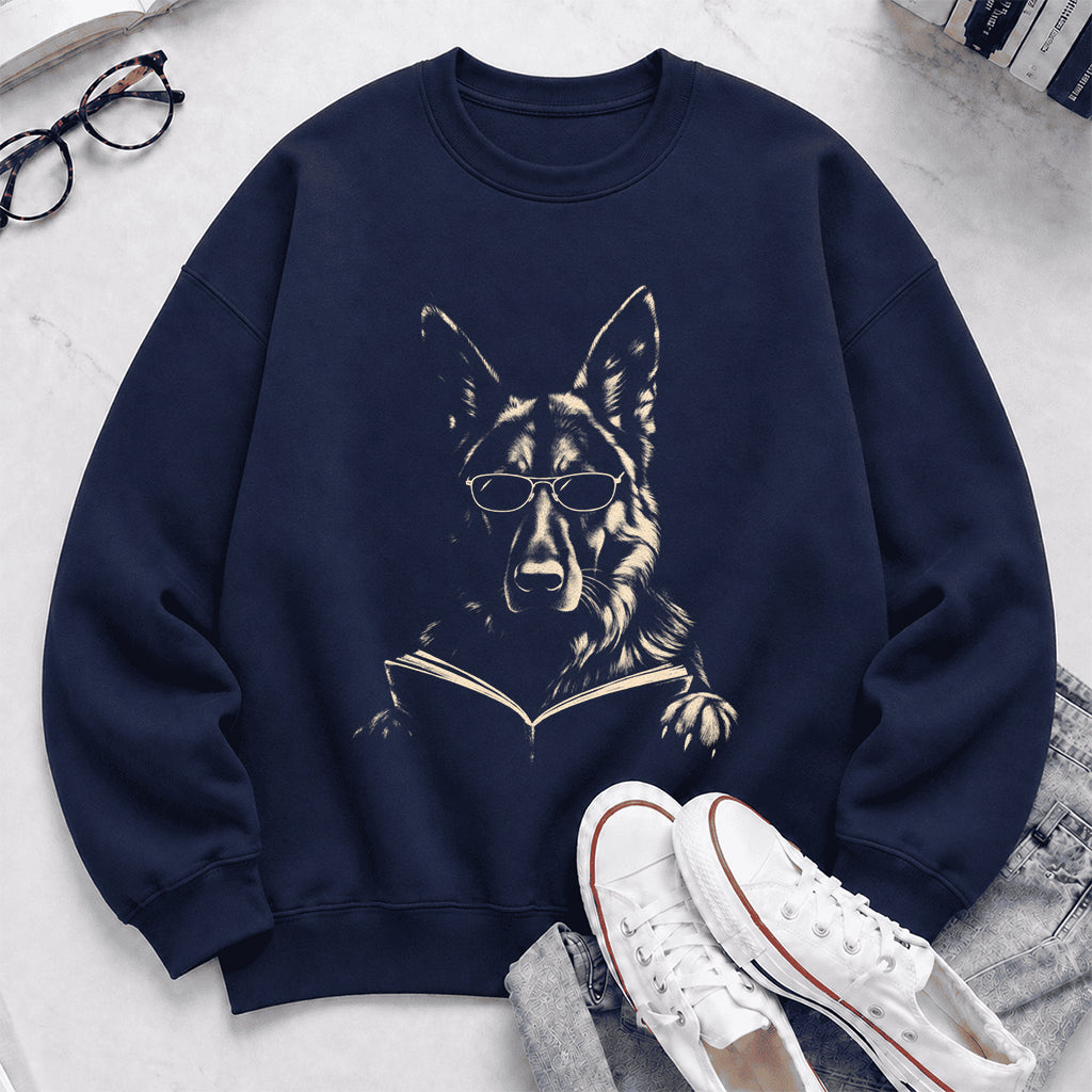 German Shepherd Reading Book Crewneck Sweatshirt | Reader Gift Navy