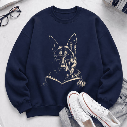German Shepherd Reading Book Crewneck Sweatshirt | Reader Gift Navy