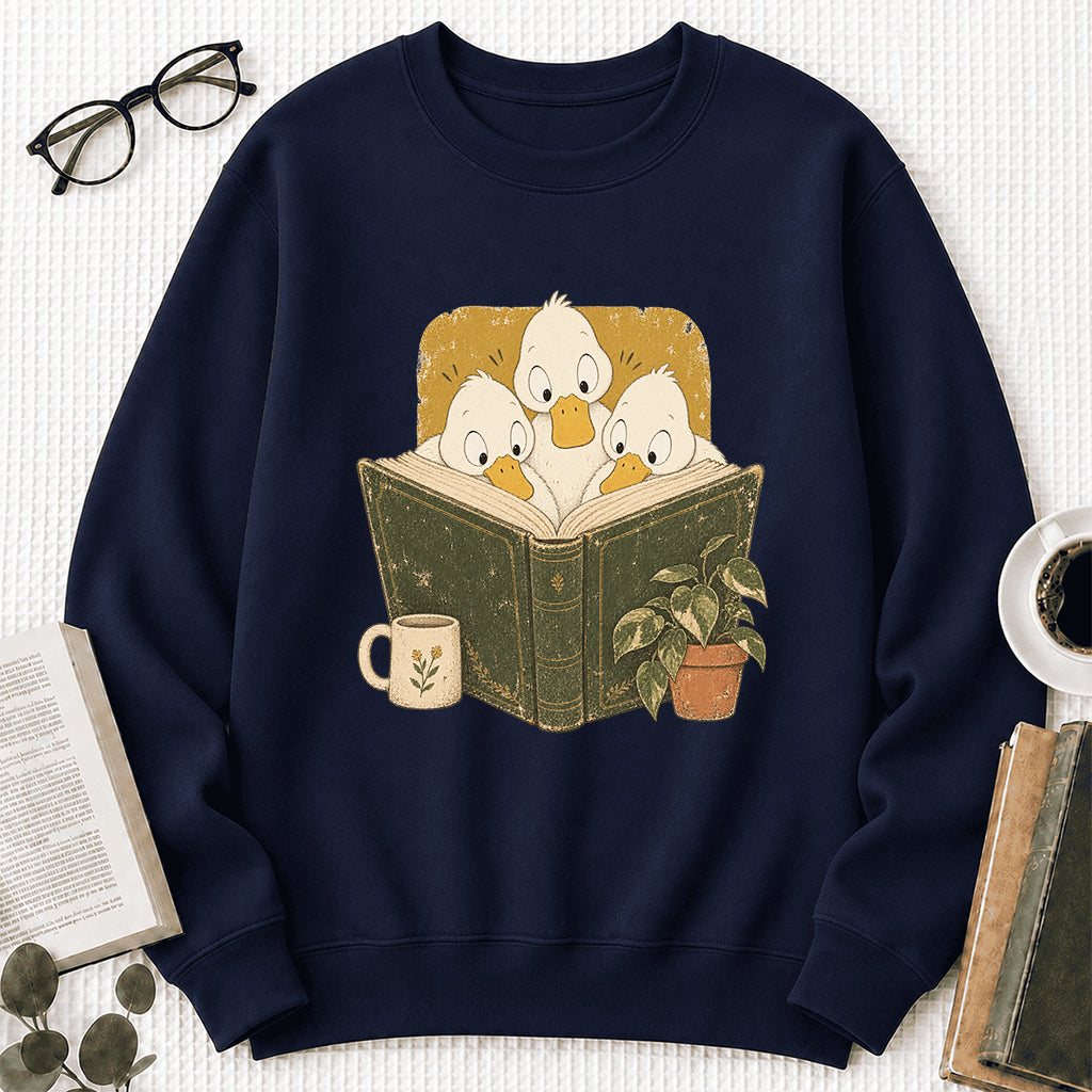 Minimal Japanese Ducks Reading Crewneck Sweatshirt | Reader Gift Navy