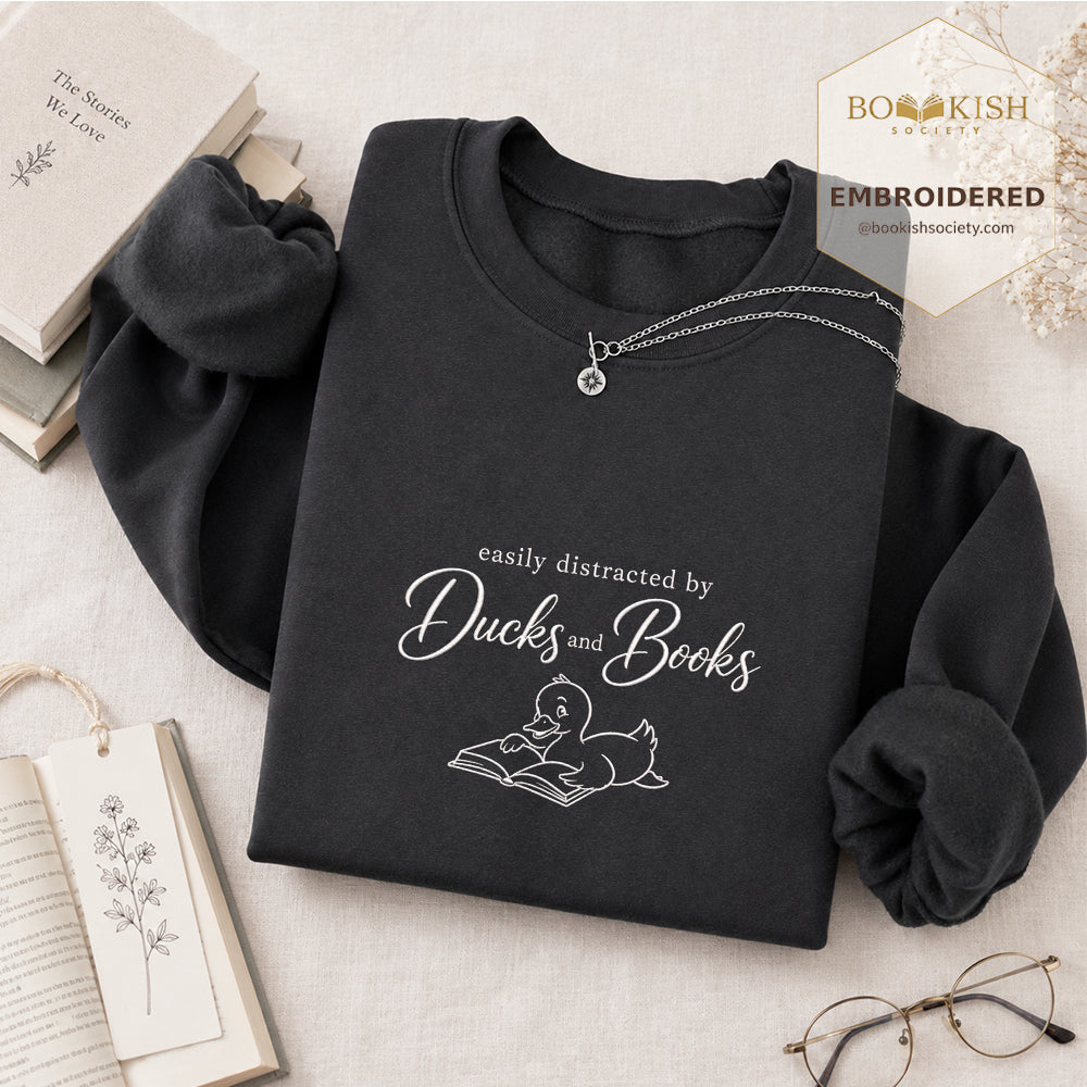 Easily Distracted By Ducks And Books Embroidered Sweatshirt | Reader Gift Dark Heather