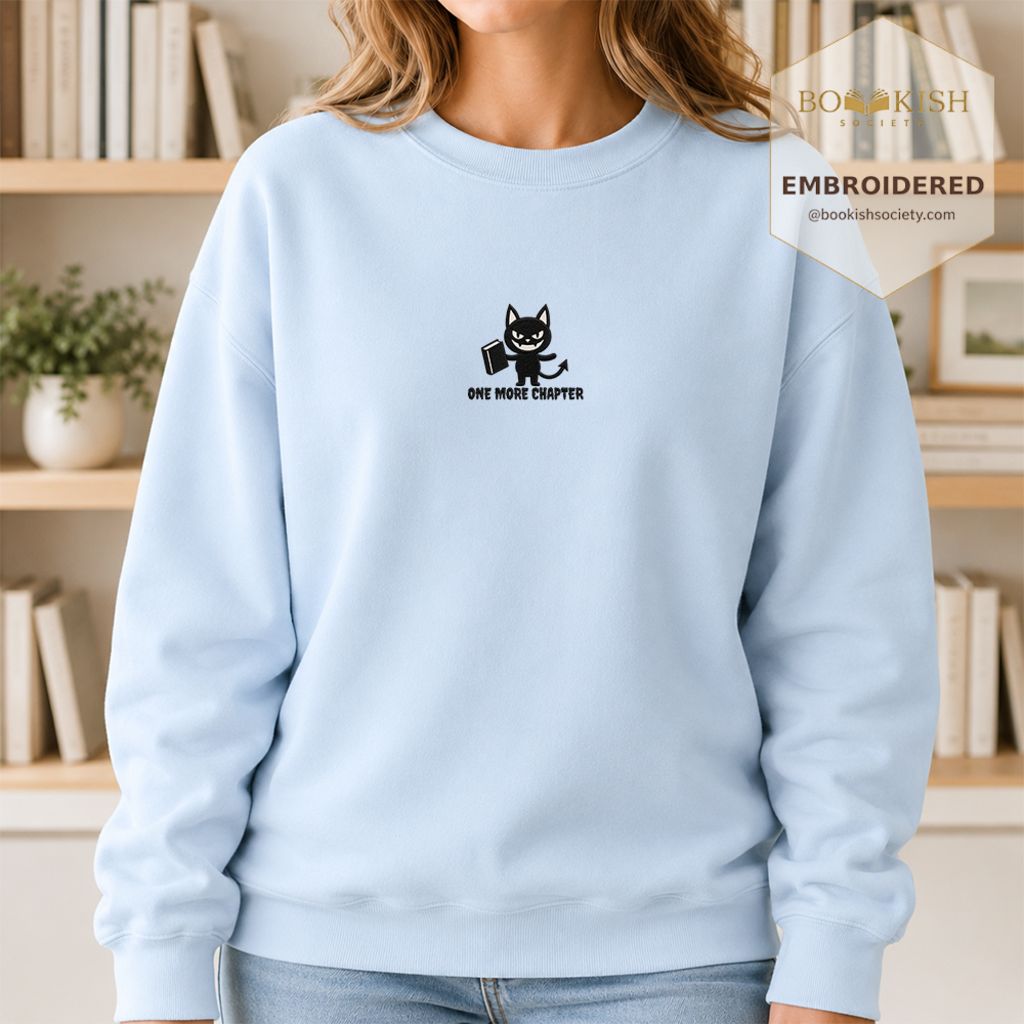 One More Chapter Devil Cat Embroidered Sweatshirt | Halloween Book Lover Gift Light Blue