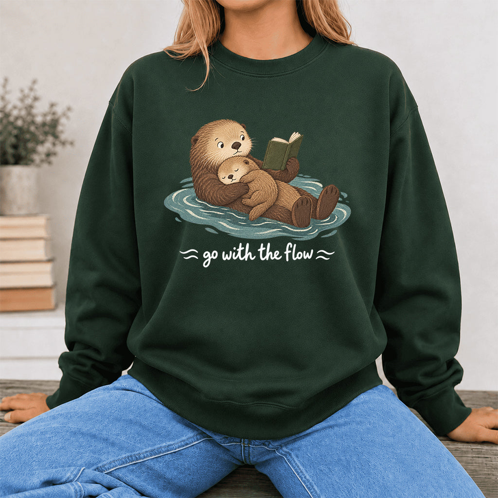 Go With The Flow Otter Reading Crewneck Sweatshirt | Reader Gift Forest Green