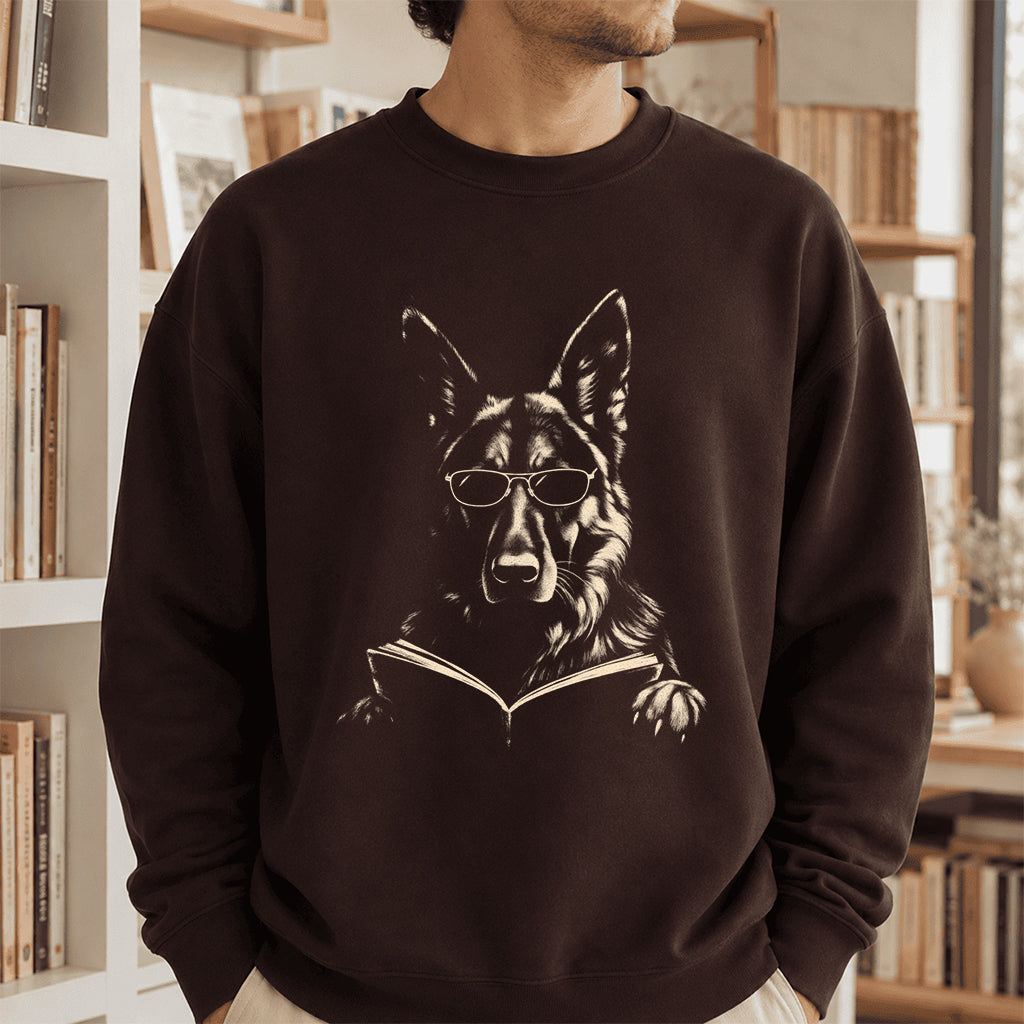 German Shepherd Reading Book Crewneck Sweatshirt | Reader Gift Dark Chocolate
