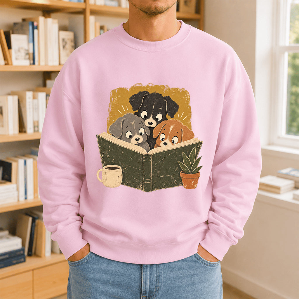 Minimal Japanese Dogs Reading Crewneck Sweatshirt | Reader Gift Light Pink