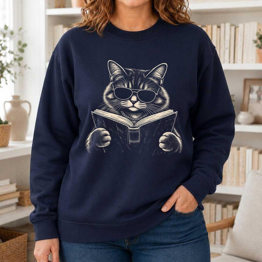 Cat Reading Book Crewneck Sweatshirt | Reader Gift Navy