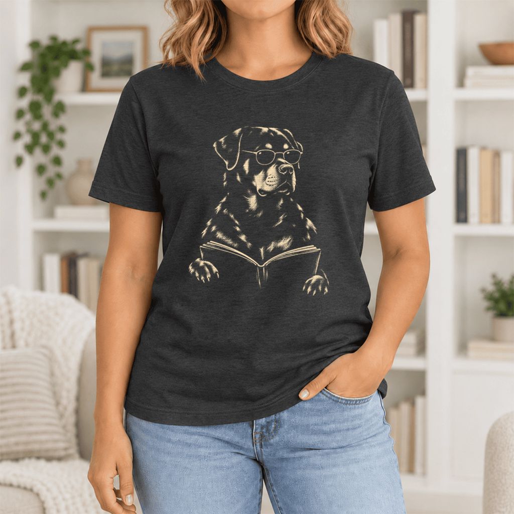Rottweiler Reading Book Ultra-Soft Cotton T-Shirt | Dog Mom Reader Gift Black Heather