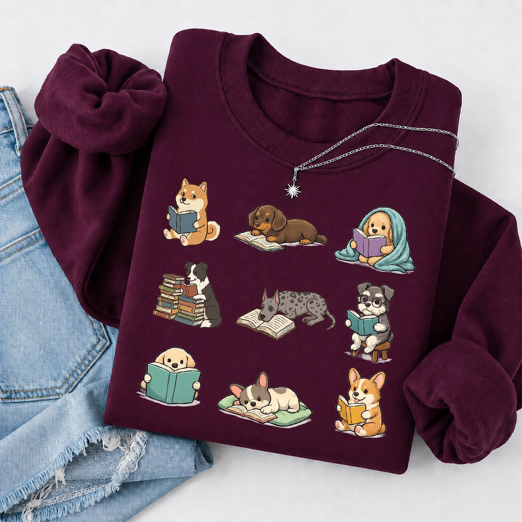 Funny Dogs Reading Crewneck Sweatshirt | Reader Gift Maroon