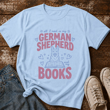 All I Need Is My German Shepherd And My Books Cotton T-Shirt | Dogs Lover & Reader Gift Light Blue