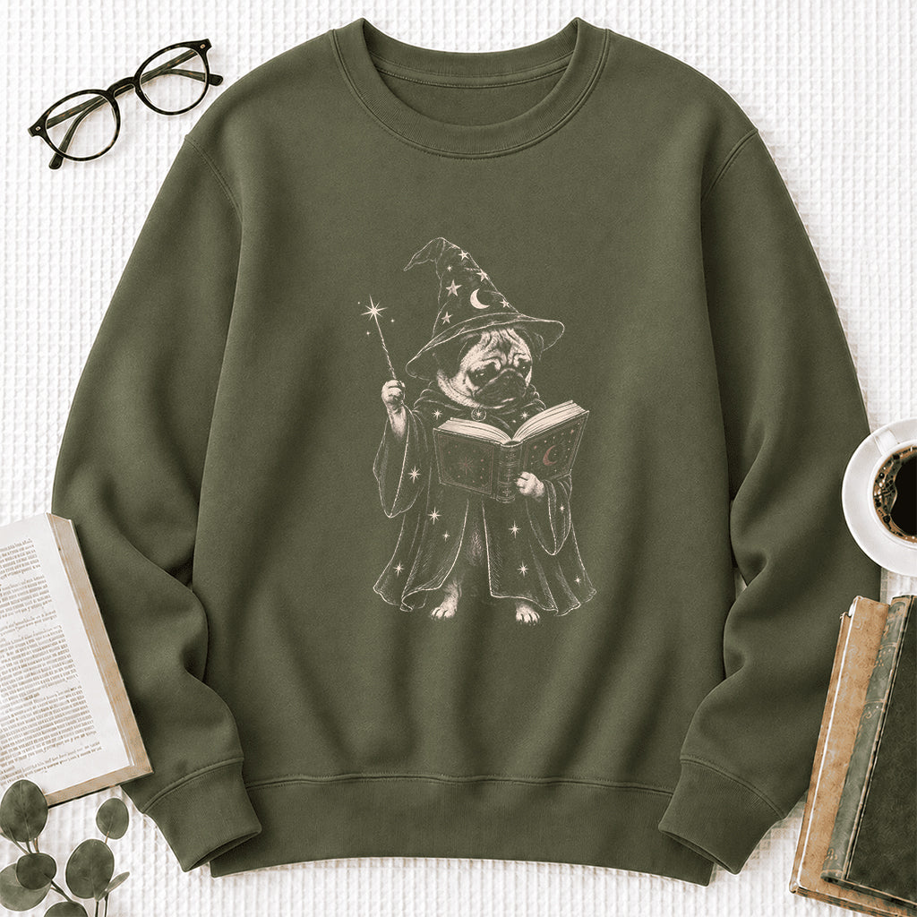 Cute Pug Witch Reading Book Printed Sweatshirt | Halloween Book Lover Gift Military Green