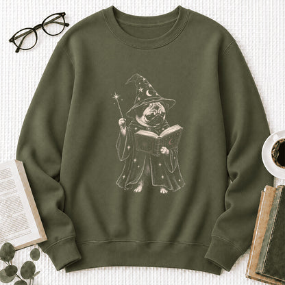 Cute Pug Witch Reading Book Printed Sweatshirt | Halloween Book Lover Gift Military Green