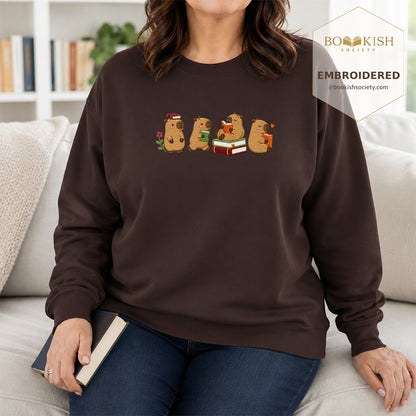 Reading Capybaras Embroidered Sweatshirt | Reader Gift Dark Chocolate