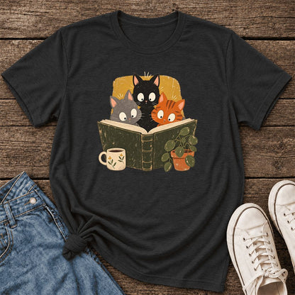 Curious Reading Cats Ultra-Soft Cotton T-Shirt | Cat Lover Reader Gift Black Heather
