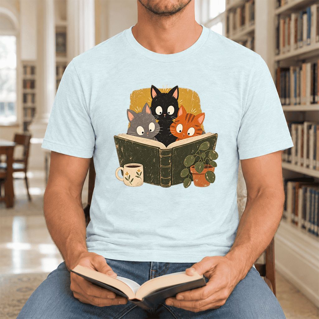 Curious Reading Cats Ultra-Soft Cotton T-Shirt | Cat Lover Reader Gift Heather Ice Blue