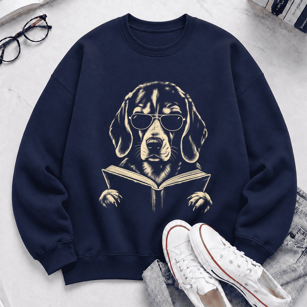 Beagle Reading Book Crewneck Sweatshirt | Reader Gift Navy