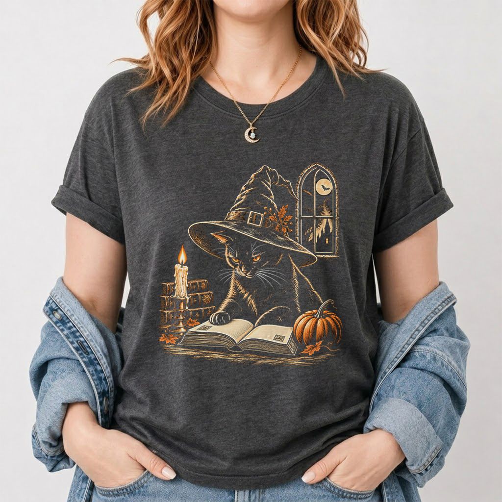 Reading Black Cat Witch Printed T-Shirt | Halloween Book Lover Gift Dark Heather
