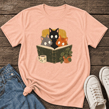 Curious Reading Cats Ultra-Soft Cotton T-Shirt | Cat Lover Reader Gift Heather Peach