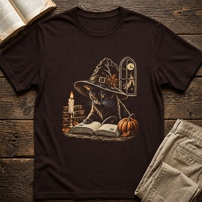 Reading Black Cat Witch Printed T-Shirt | Halloween Book Lover Gift Dark Chocolate