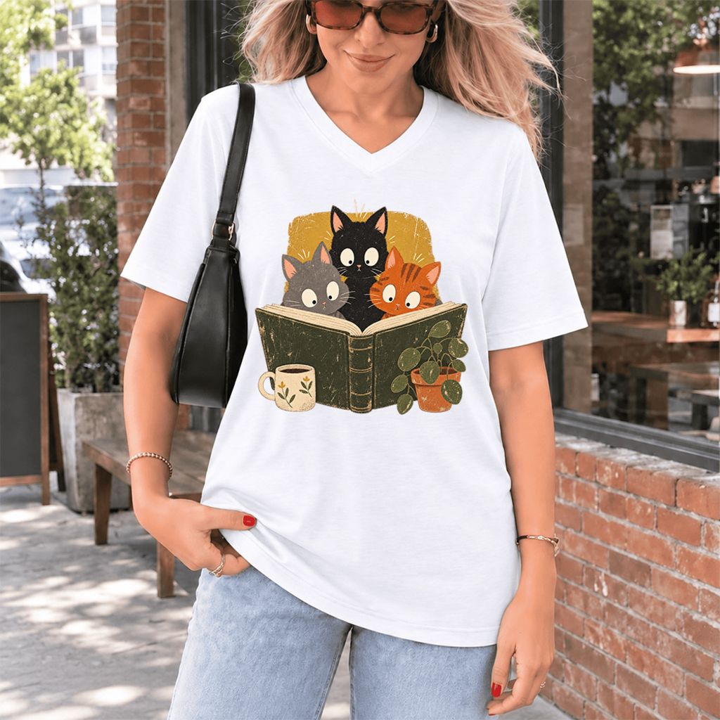 Curious Reading Cats Ultra-Soft V-Neck | Cat Lover Reader Gift White