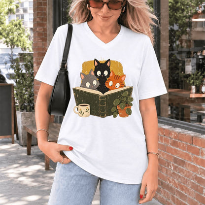 Curious Reading Cats Ultra-Soft V-Neck | Cat Lover Reader Gift White