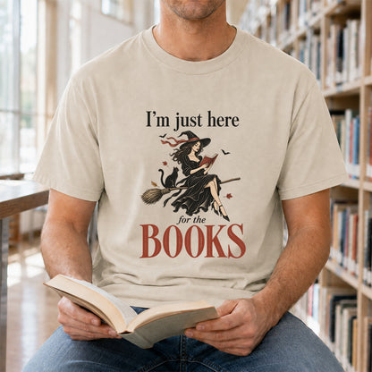 I'M Just Here For The Books Printed T-Shirt | Halloween Book Lover Gift Sand