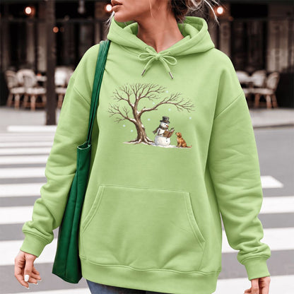 Golden Retriever And Snowman Under Tree Softstyle Hoodie | Christmas Reader Gift Pistachio