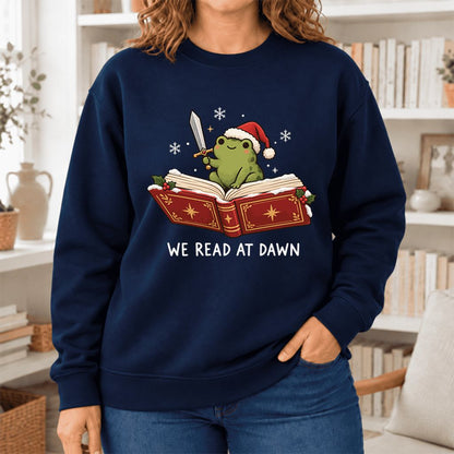 We Read At Dawn Frog Softstyle Sweatshirt | Christmas Book Lover Gift Navy