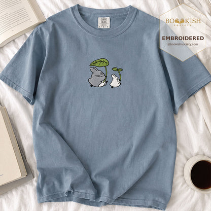 Embroidered Forest Spirits and Flowers Comfort Color® T-shirt Book Lover Gift Blue Jean